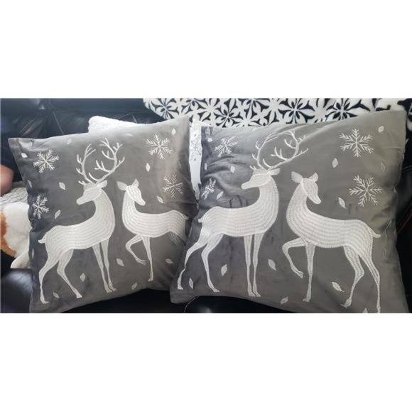 Christmas Throw Pillow Cover, 2 Pack Deer Snowflake Embroidery Decorative - Picture 1 of 8